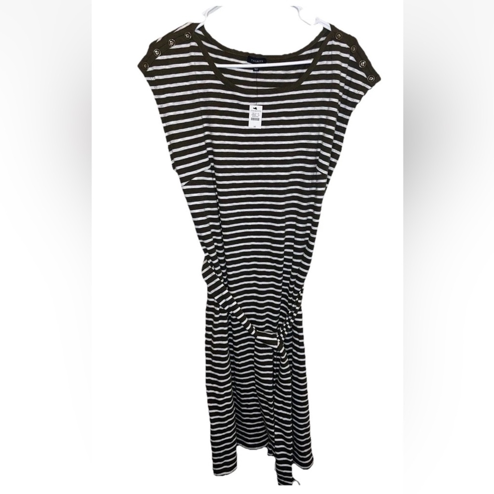 Talbots Stripe Belted Knit Shift Dress Size M Green White Fall Autumn Work NWT